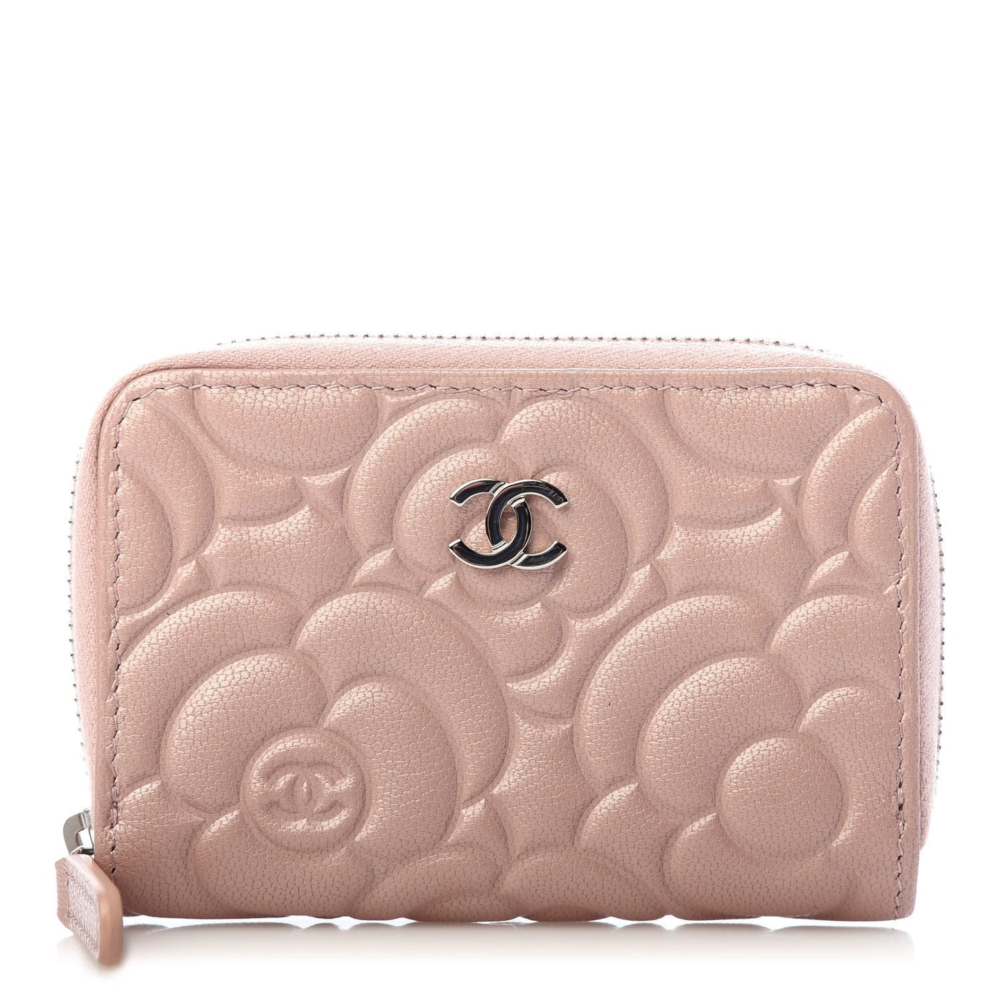 Goatskin Camellia Embossed Zip Coin Purse Light Pink