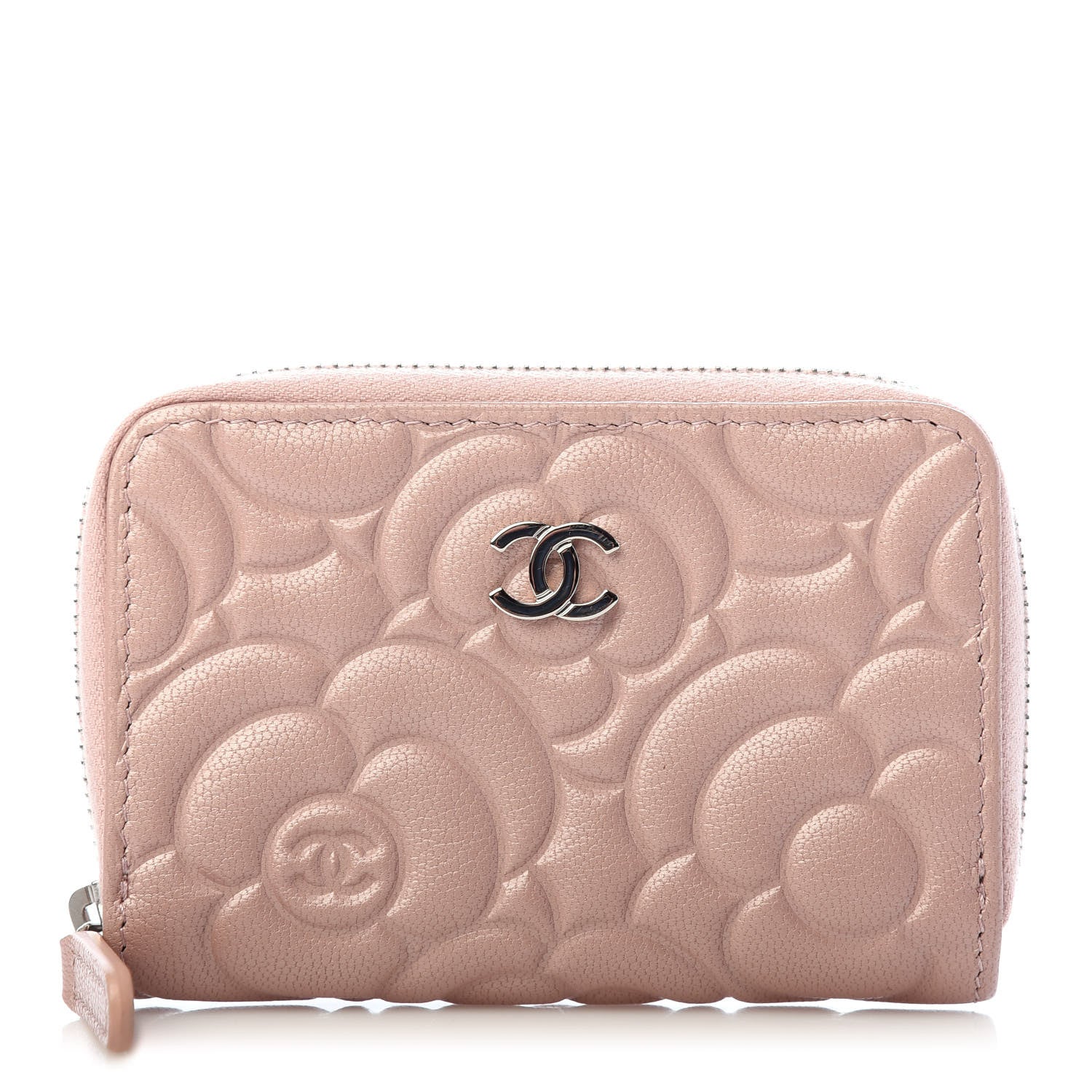 Chanel Goatskin Camellia Embossed Zip Coin Purse Light Pink 1 of 8