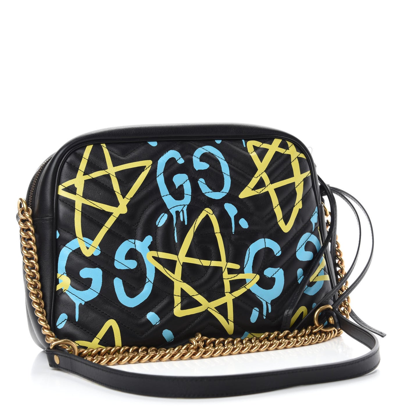 Calfskin Matelasse GucciGhost Medium GG Marmont Chain Shoulder Bag Black New Acquamarine