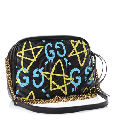 Gucci Calfskin Matelasse GucciGhost Medium GG Marmont Chain Shoulder Bag Black New Acquamarine 3 of 11