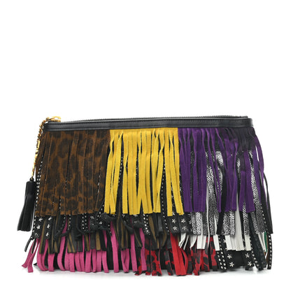 Saint Laurent Calfskin Studded Printed Fringe Medium Clutch Black Multi 1 of 7