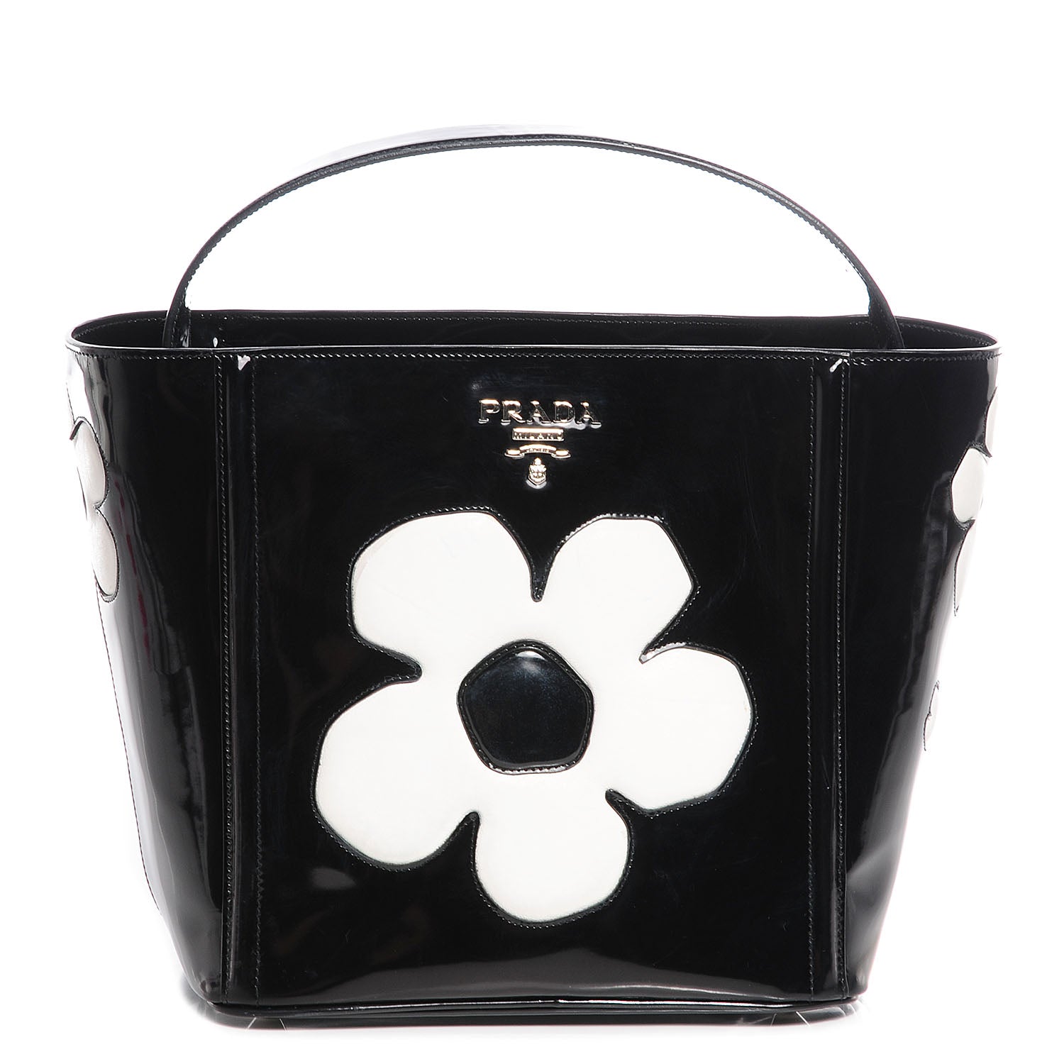 Prada Spazzolato Floral Open Bucket Bag Black White 1 of 8
