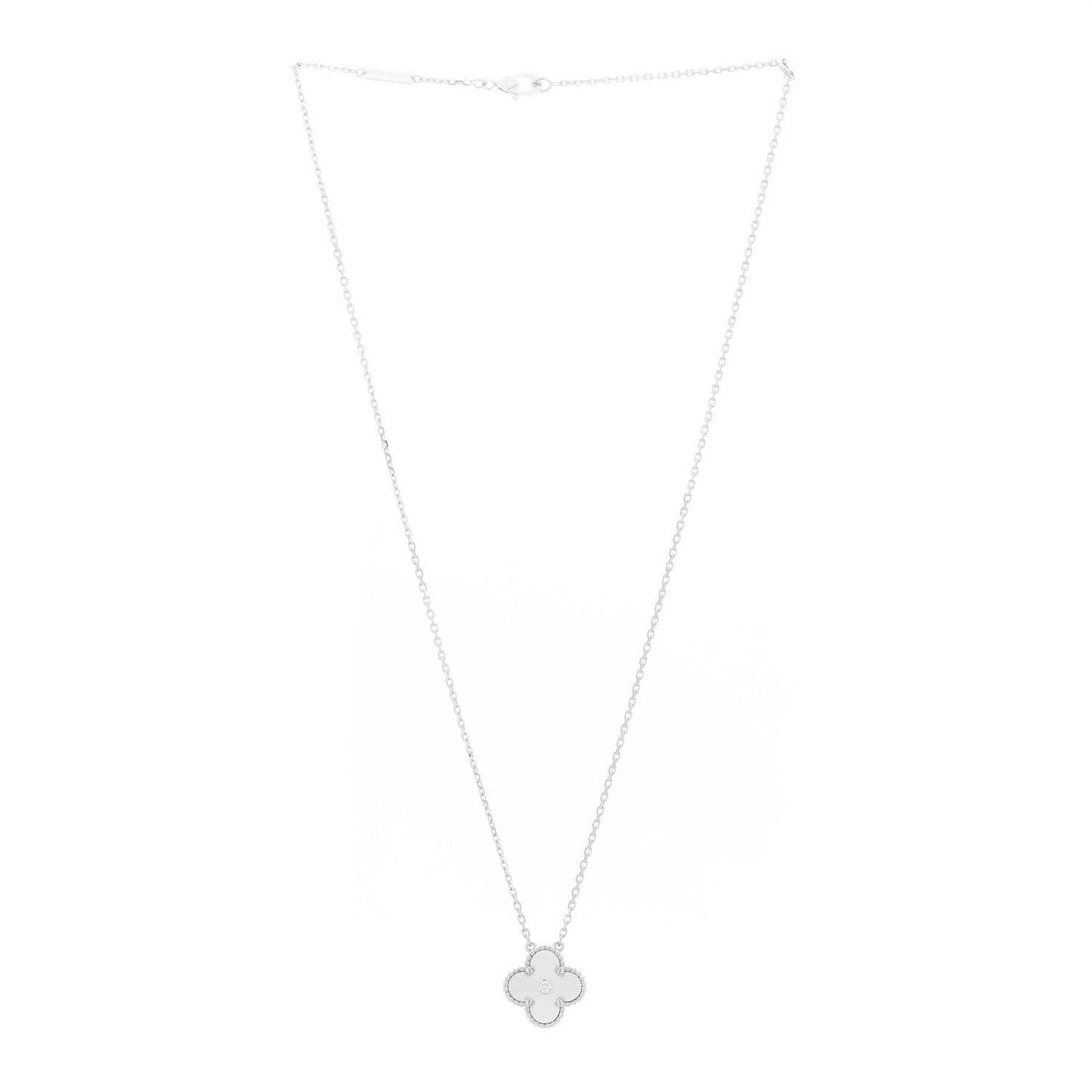 18K White Gold Diamond Guilloche Vintage Alhambra Pendant Necklace
