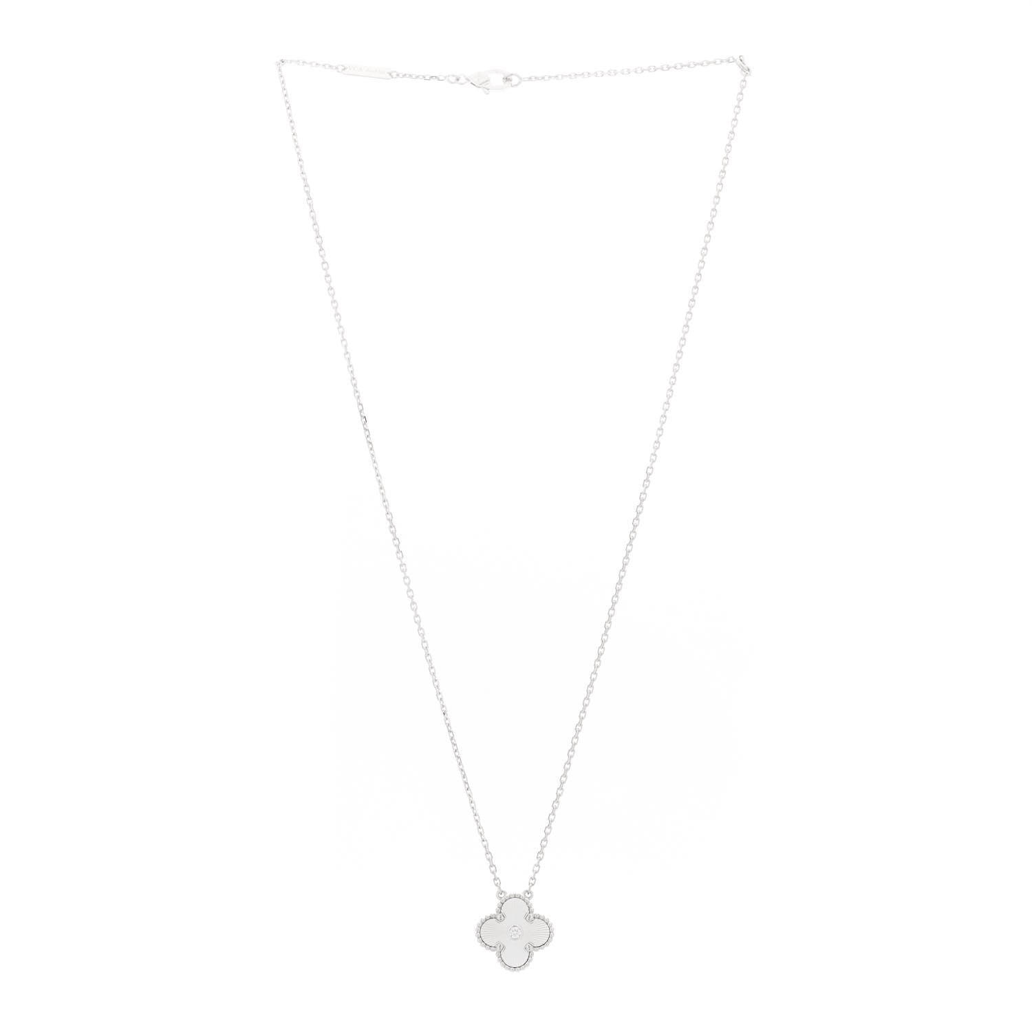 Van Cleef & Arpels 18K White Gold Diamond Guilloche Vintage Alhambra Pendant Necklace 3 of 8