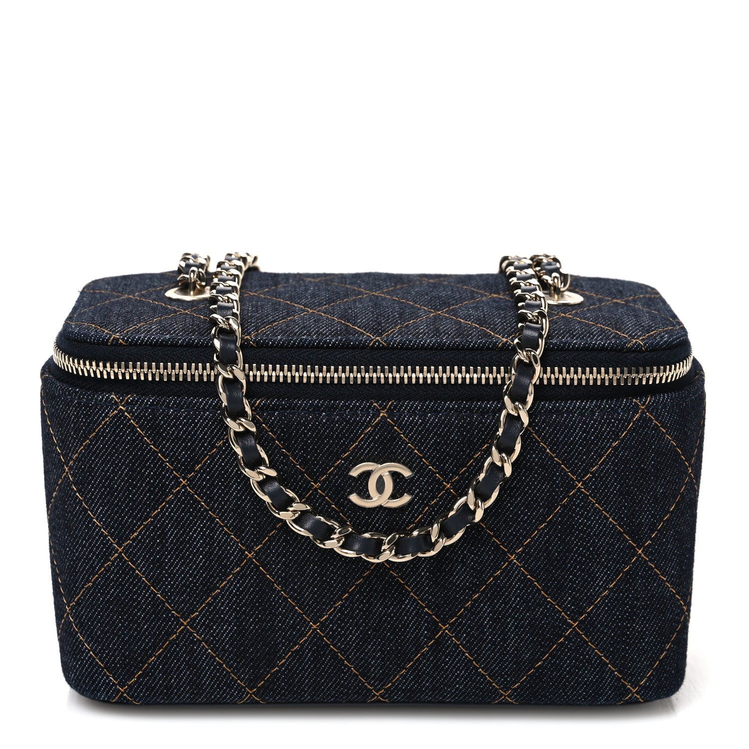 Chanel Denim Quilted Small Vanity Case With Chain Dark Blue Orange 1 of 9