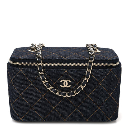 Chanel Denim Quilted Small Vanity Case With Chain Dark Blue Orange 1 of 9