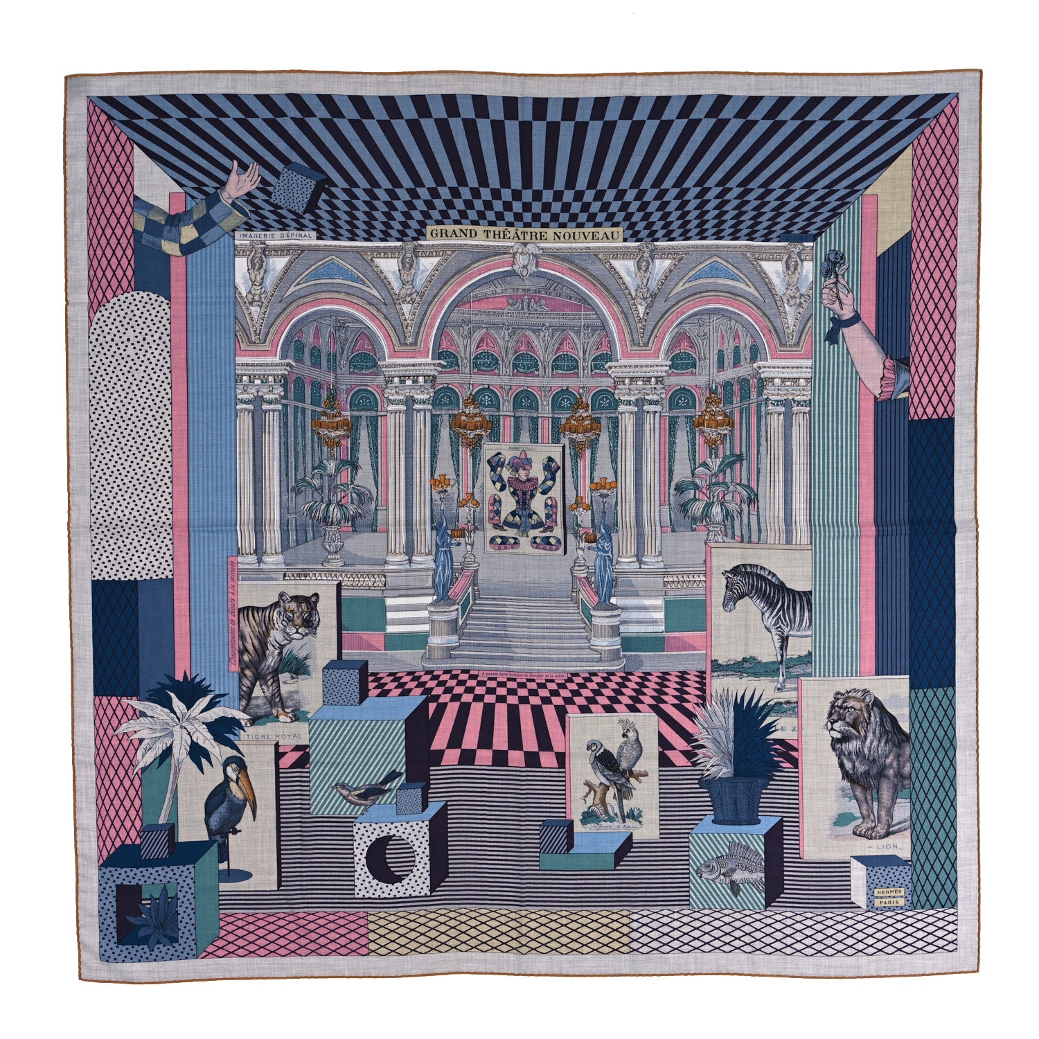 Hermes Cashmere Silk Grand Theatre Nouveau Shawl 140 Gris Chine Bleu Rose 1 of 4