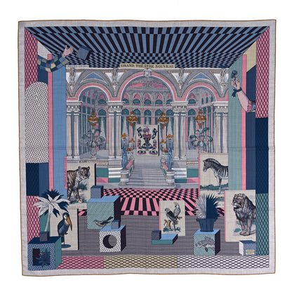 Hermes Cashmere Silk Grand Theatre Nouveau Shawl 140 Gris Chine Bleu Rose 1 of 4