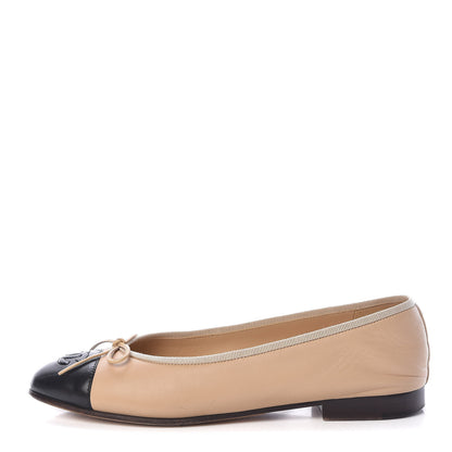 Chanel Lambskin CC Cap Toe Ballerina Flats 37.5 Beige Black 1 of 16