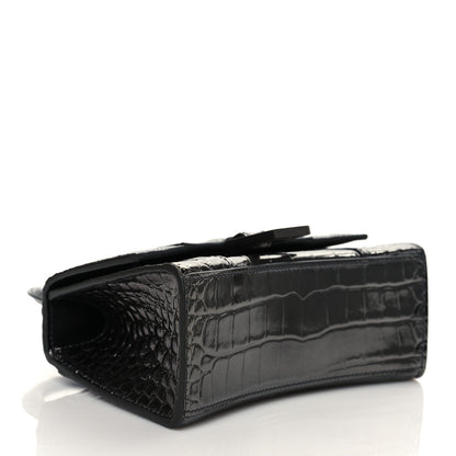 Balenciaga Shiny Calfskin Crocodile Embossed Hourglass Top Handle Bag XS Gunmetal 3 of 9