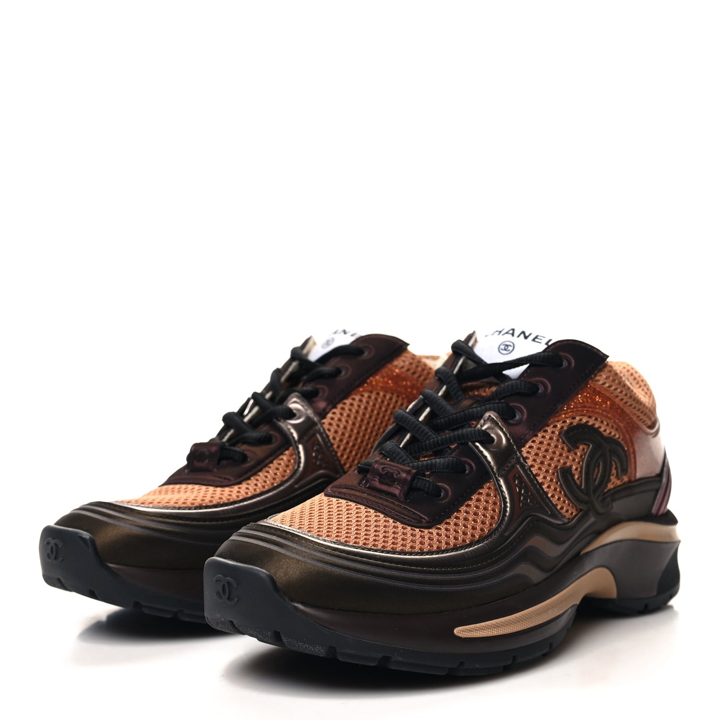 Fabric Laminated Calfskin Stretch CC Womens Sneakers 36 Brown Dark Grey
