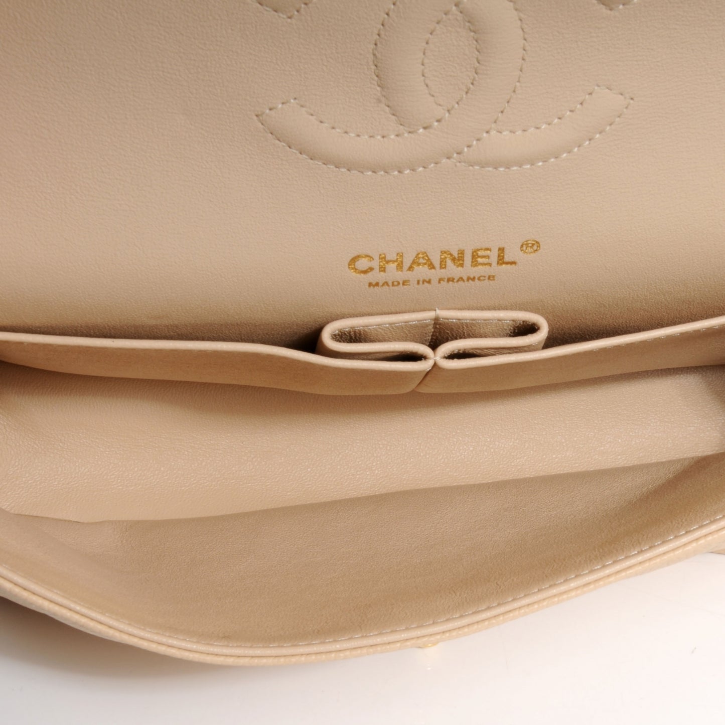Caviar Quilted Medium Double Flap Beige