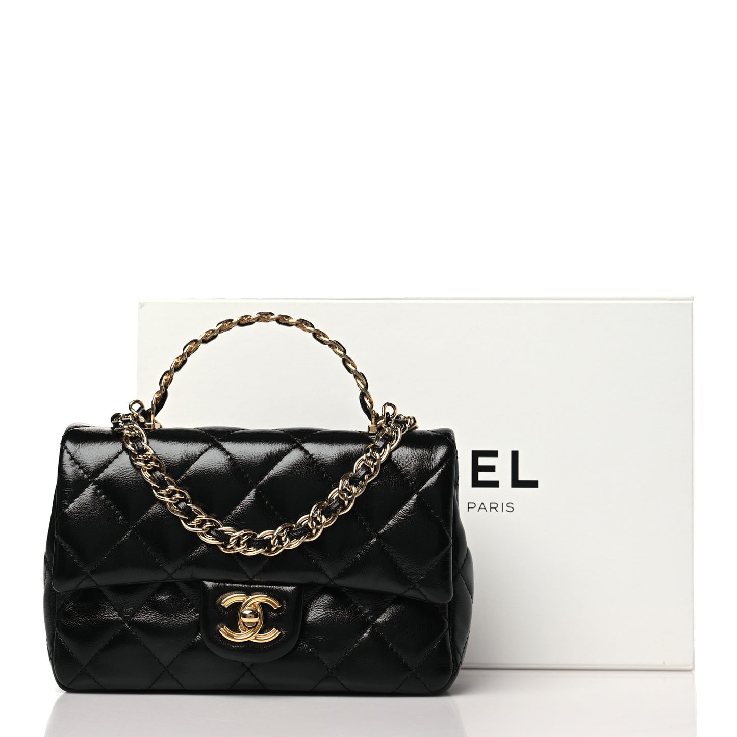 Shiny Lambskin Quilted Golden Links Top Handle Flap Black