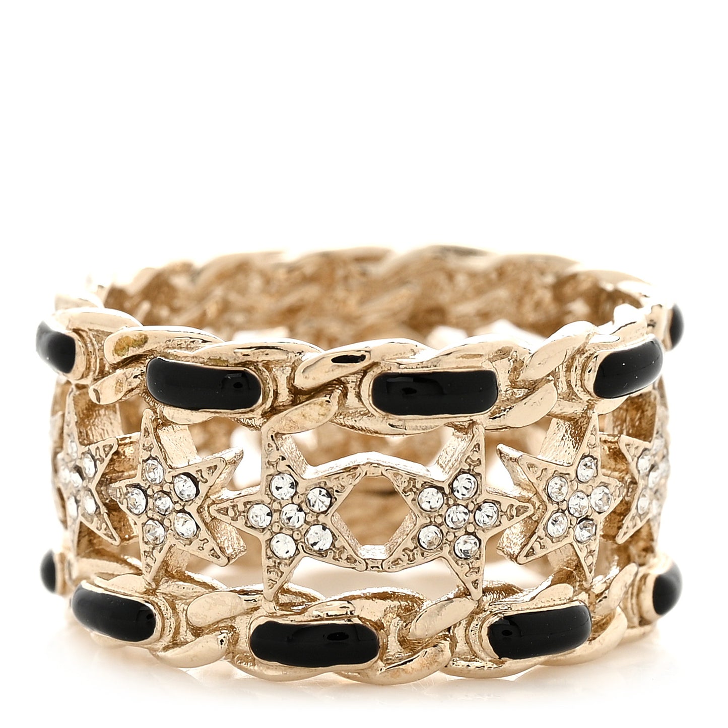 Metal Crystal Star CC Ring 54 6.75 Gold Black