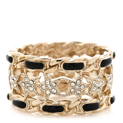 Chanel Metal Crystal Star CC Ring 54 6.75 Gold Black 3 of 5