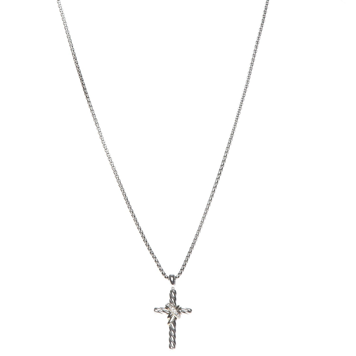 David Yurman Sterling Silver 14K Yellow Gold Diamond 32mm X Cross Pendant Necklace 1 of 8