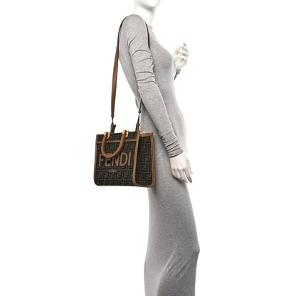 Fendi Fabric Jacquard FF 1974 Logo Small Fendi Sunshine Shopper Tote Tobacco Moro Sand 2 of 9