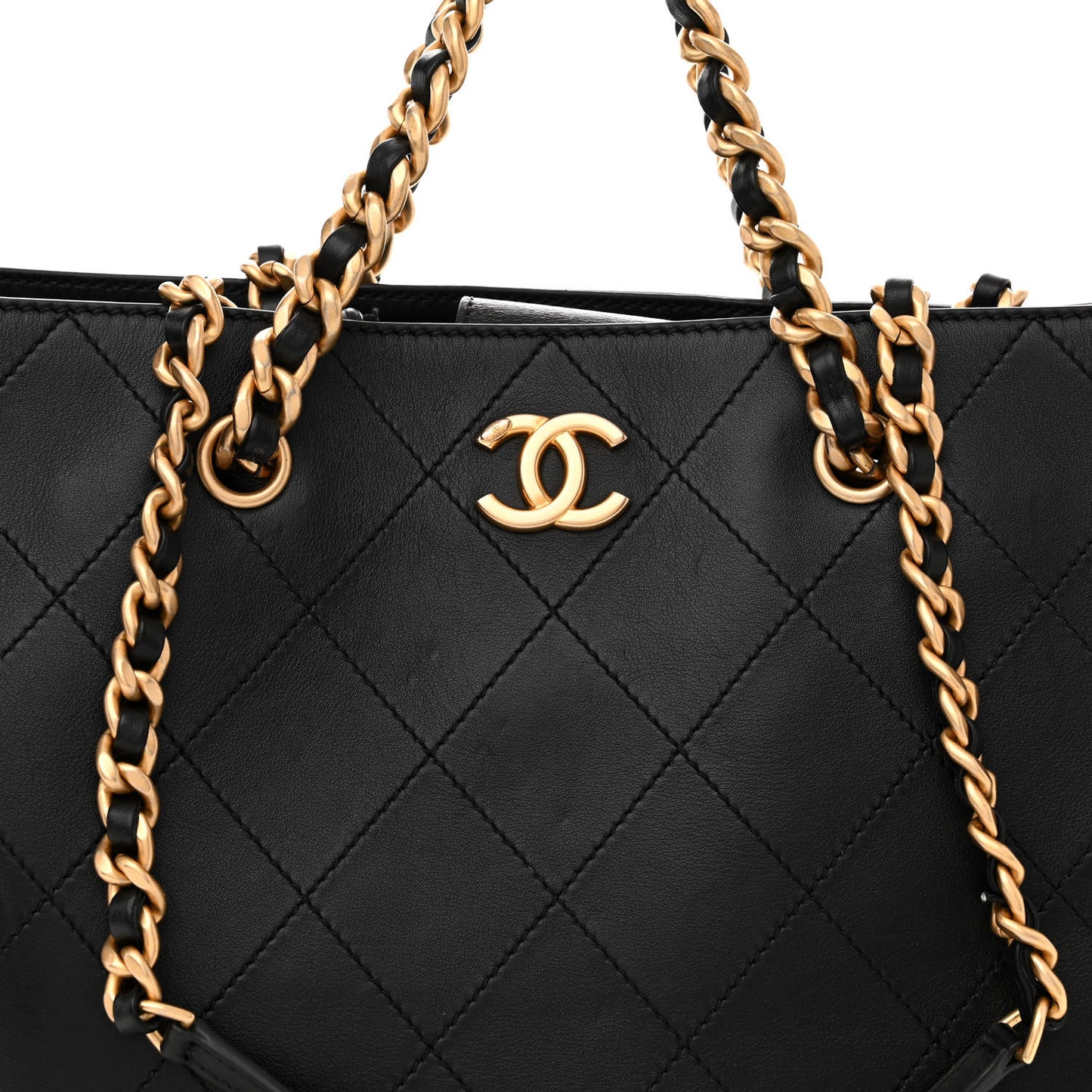 Calfskin Stitched Large Shopping Tote Black