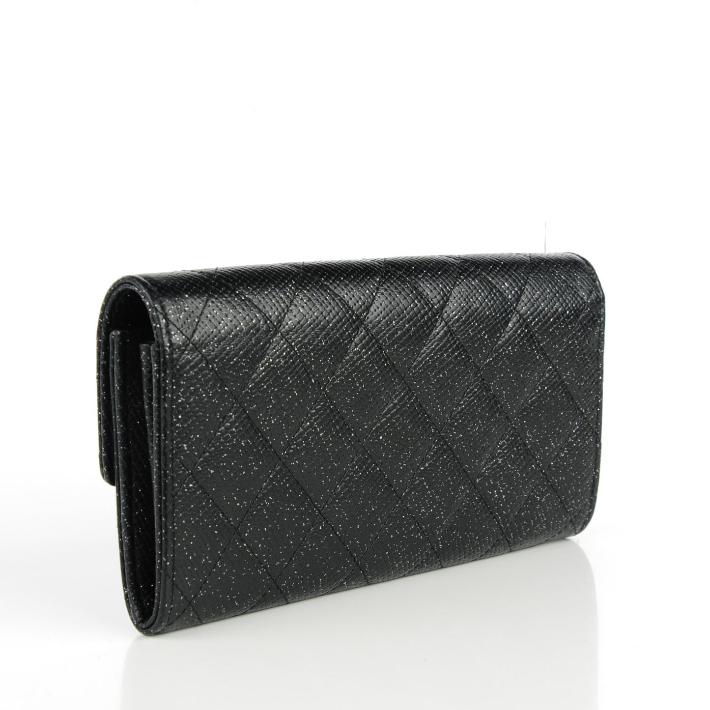 Glittered Calfskin Quilted Long Flap Wallet Black