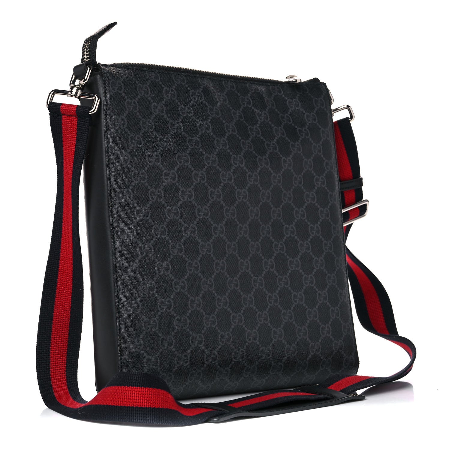 Gucci GG Supreme Monogram Appia Calfskin Web Flat Messenger Bag Black Grey 3 of 13