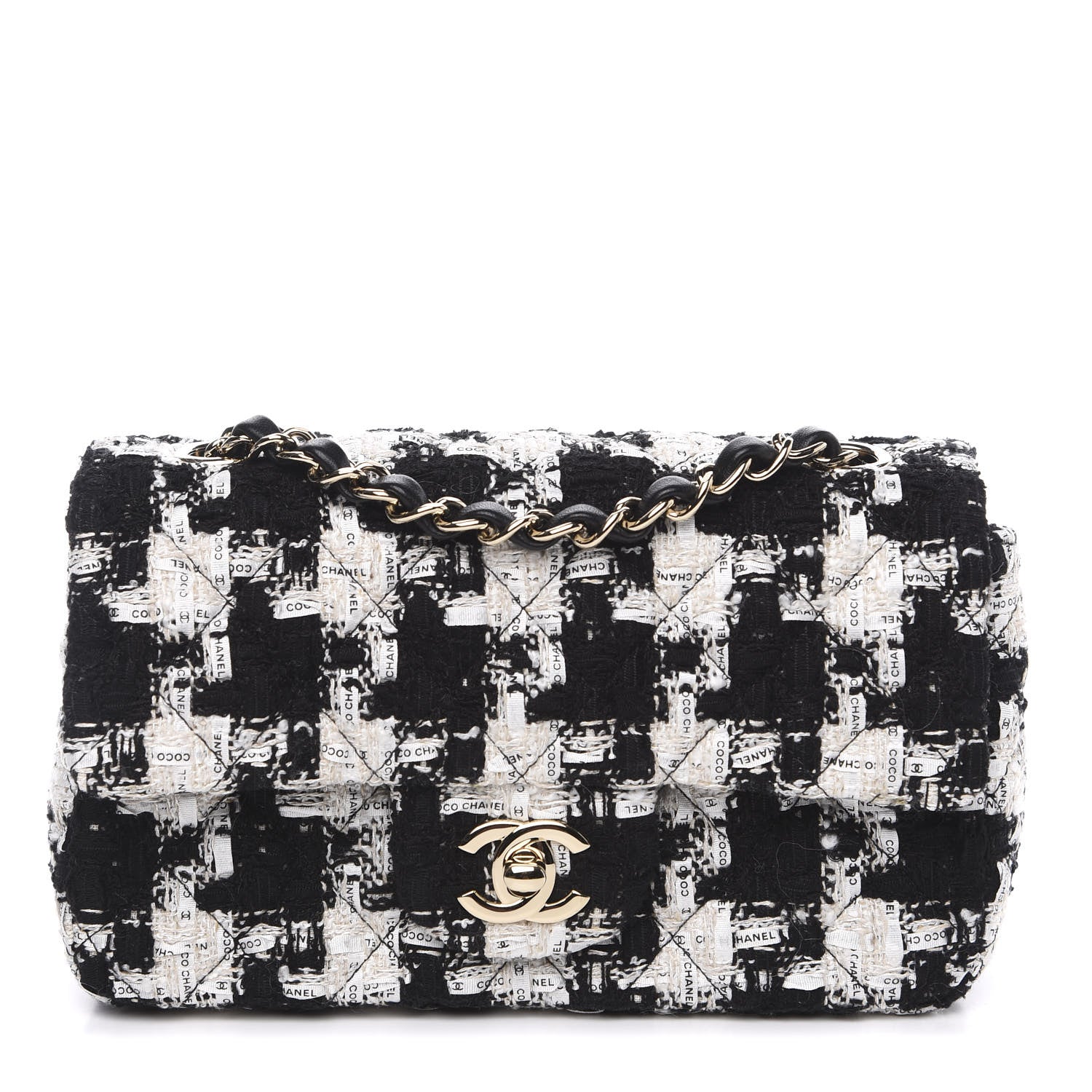 Chanel Tweed Quilted Mini Rectangular Flap Black Ecru White 1 of 10