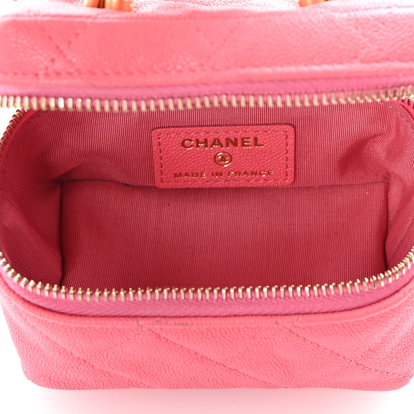 Caviar Quilted Mini Top Handle Vanity With Chain Pink