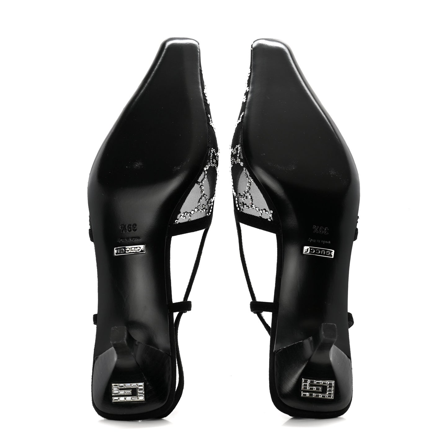 Tela Retino Kid Scamosciato Crystal GG Monogram Square G 35mm Slingback Pumps 39.5 Black