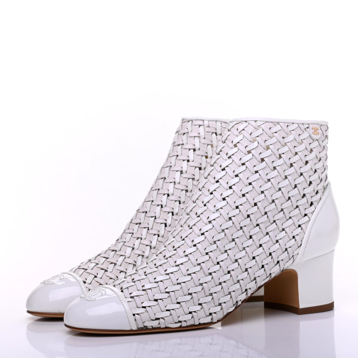 Woven Lambskin Patent Calfskin Cap Toe Short Boots 40 White