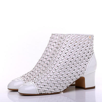 Chanel Woven Lambskin Patent Calfskin Cap Toe Short Boots 40 White 3 of 9