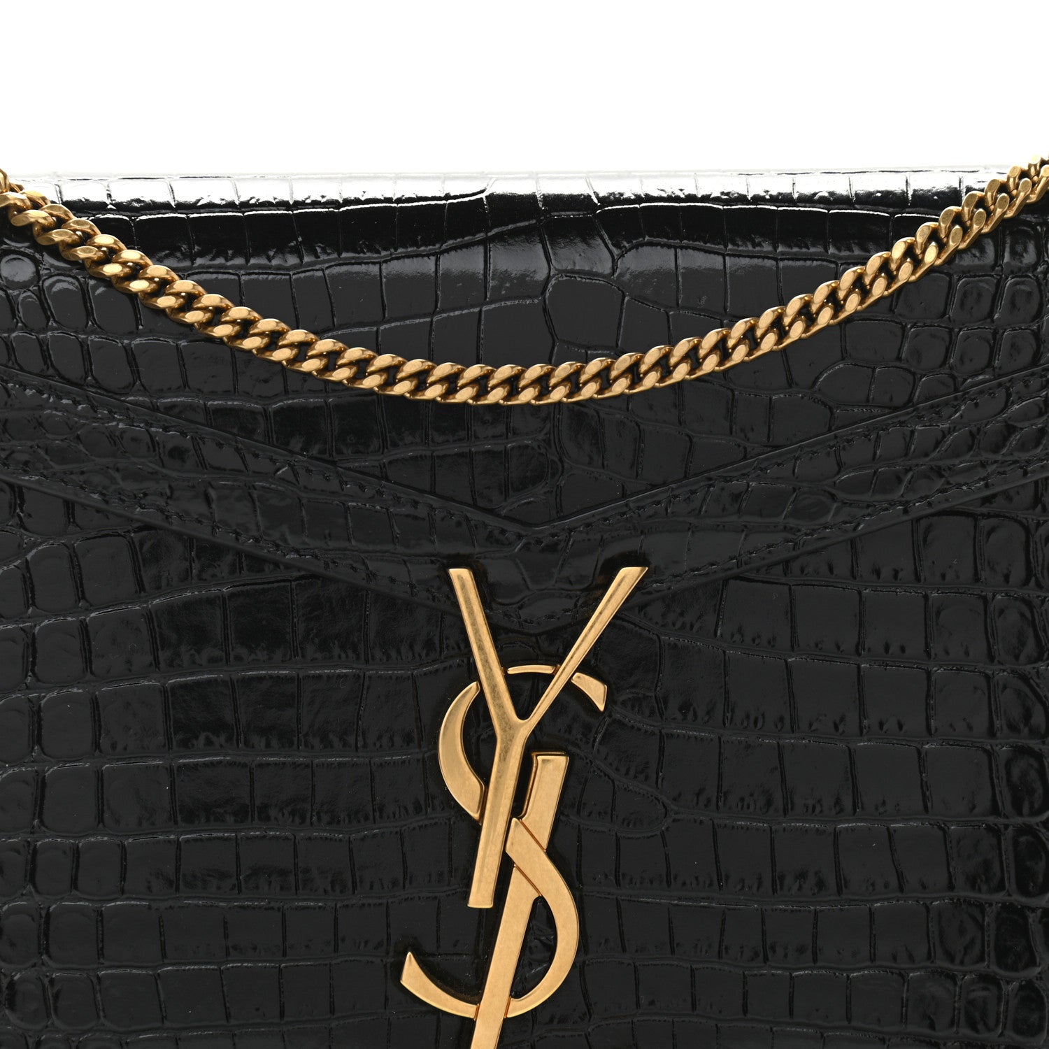 Saint Laurent Calfskin Crocodile Embossed Monogram Cassandra Chain Wallet Black 8 of 10