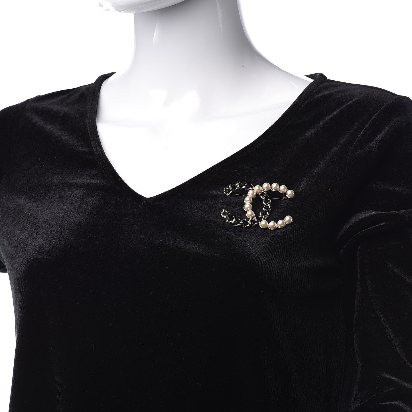Lambskin Pearl CC Chain Brooch Black Gold