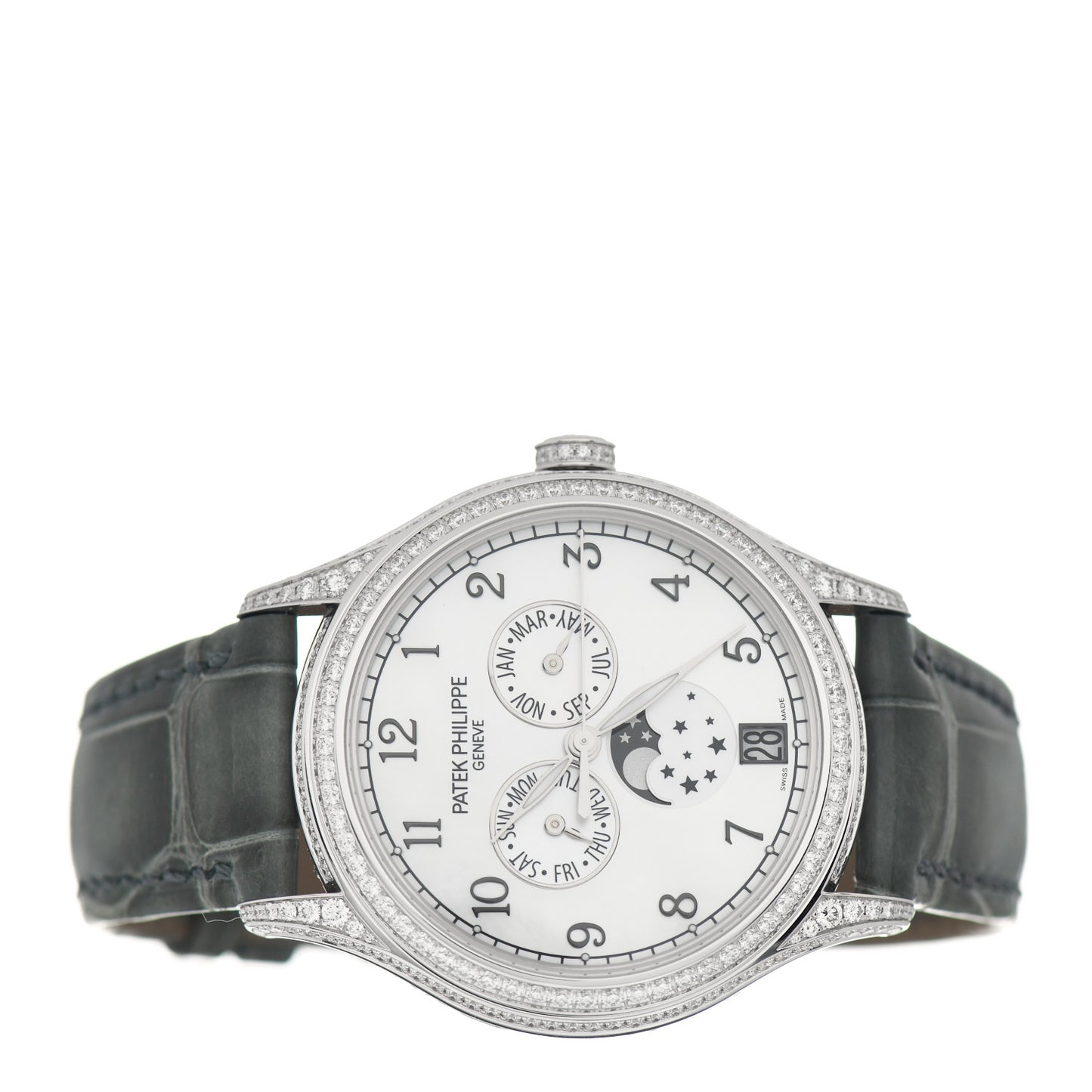 18K White Gold Alligator Diamond Mother of Pearl 38mm Annual Calendar Automatic Watch 4948G-010