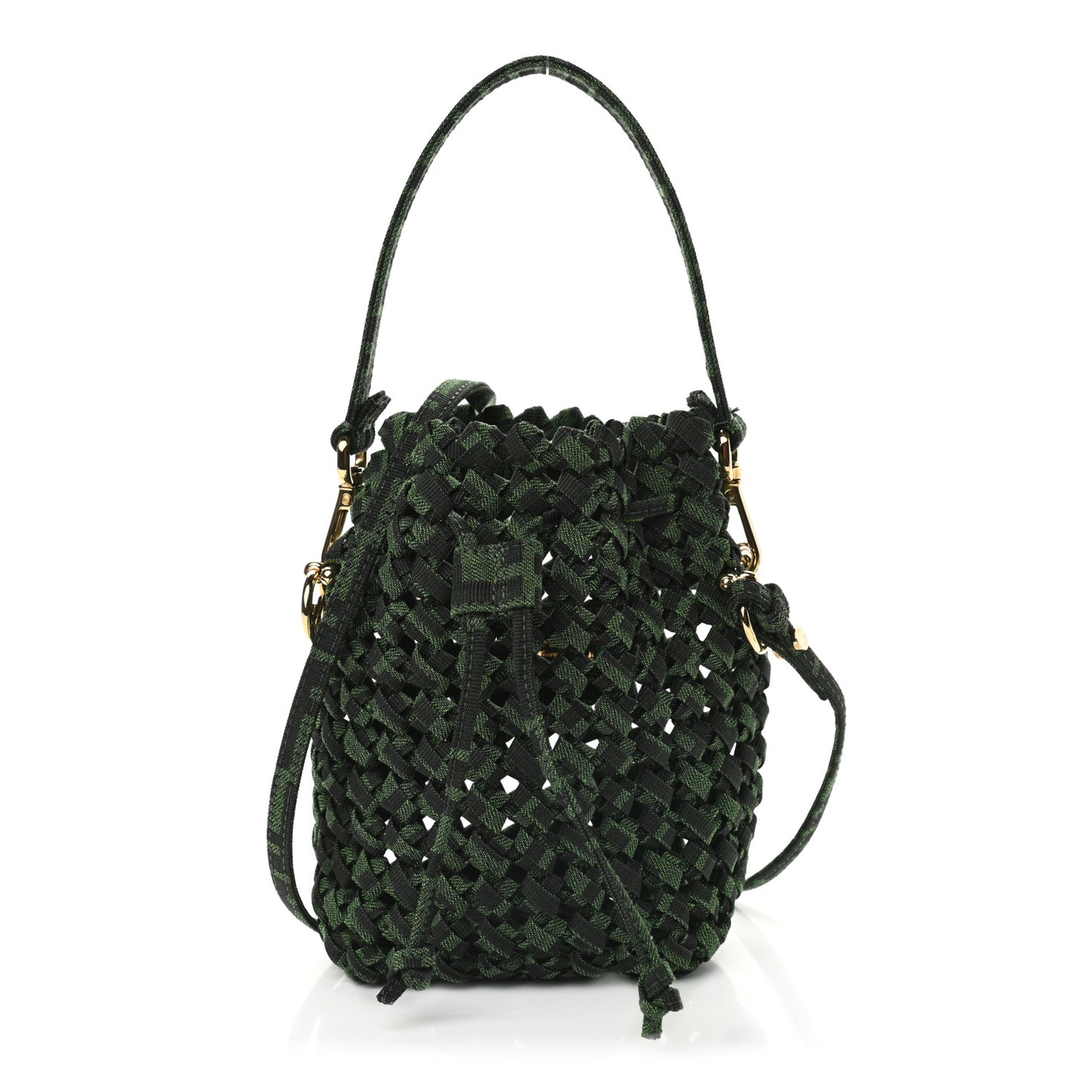 Fabric Jacquard F is Fendi FF 1974 Woven Knotted Mini Mon Tresor Bucket Bag Verde Black