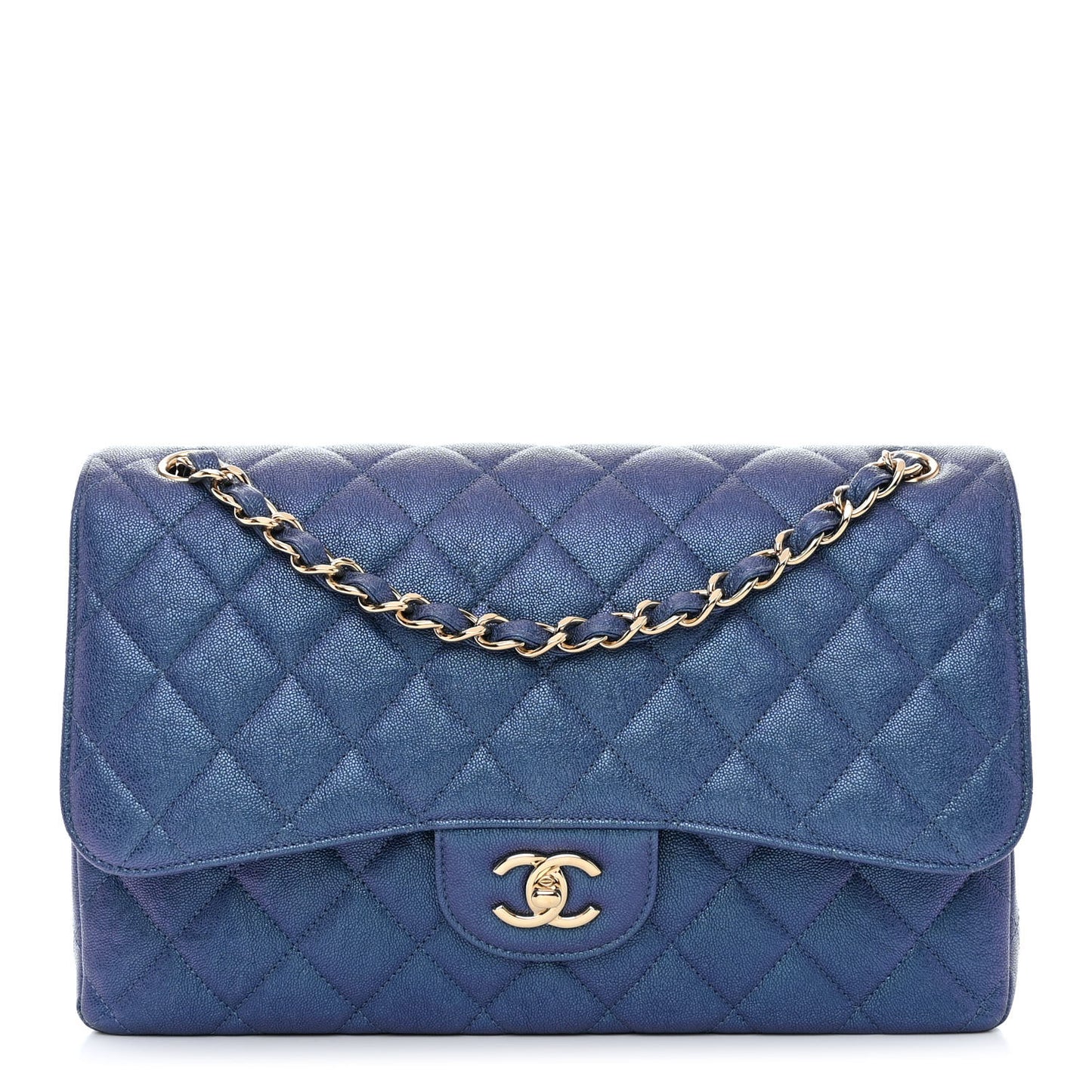 Iridescent Caviar Quilted Jumbo Double Flap Dark Blue
