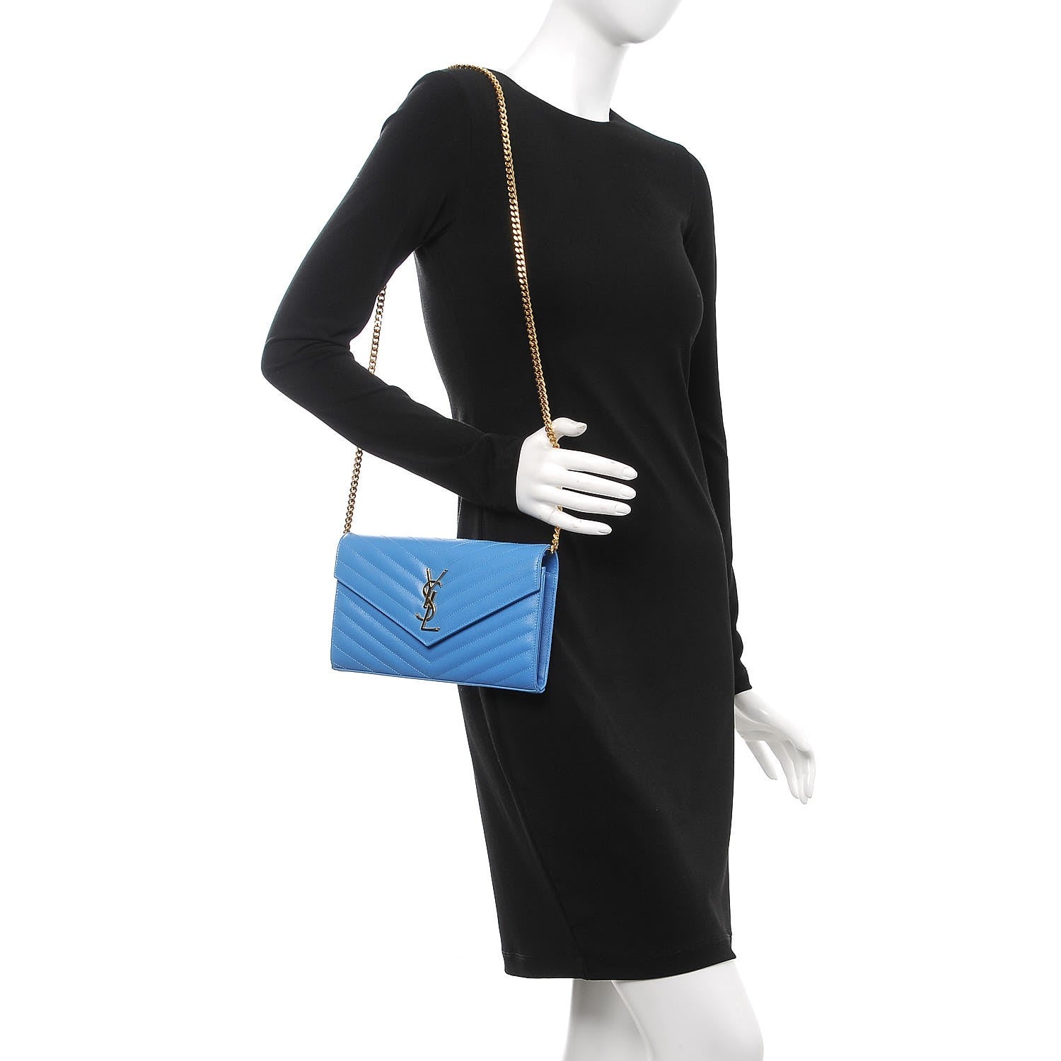 Saint Laurent Grain De Poudre Matelasse Chevron Monogram Chain Wallet Blue Clair 2 of 8