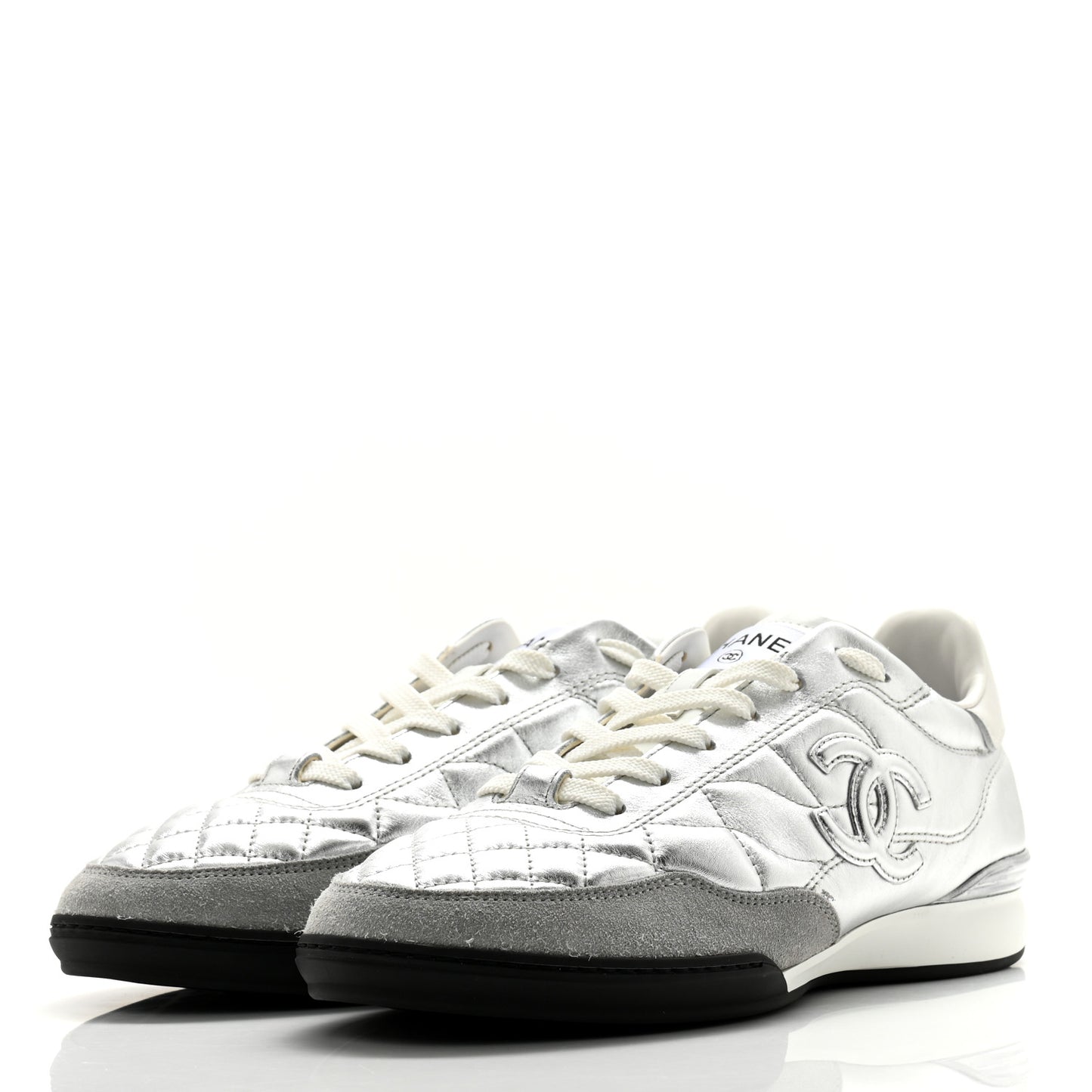 Laminated Calfskin Suede Quilted Womens CC Sneakers 39 Silver White Gray
