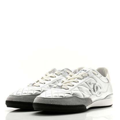 Chanel Laminated Calfskin Suede Quilted Womens CC Sneakers 39 Silver White Gray 3 of 9