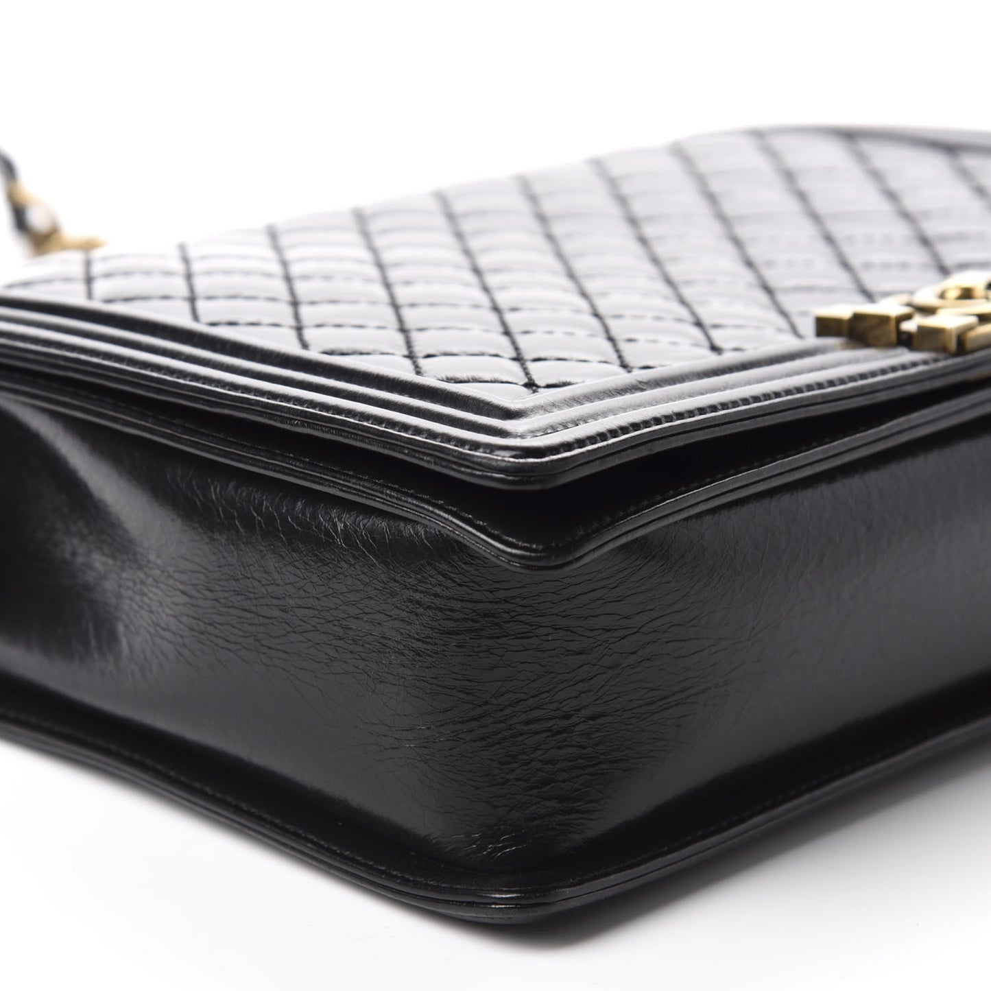 Glazed Calfskin Quilted Large Boy Flap Black