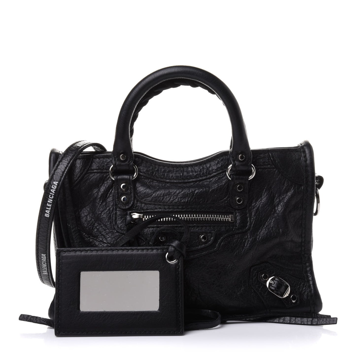 Agneau Classic Silver Hardware Nano City Logo Strap Black White