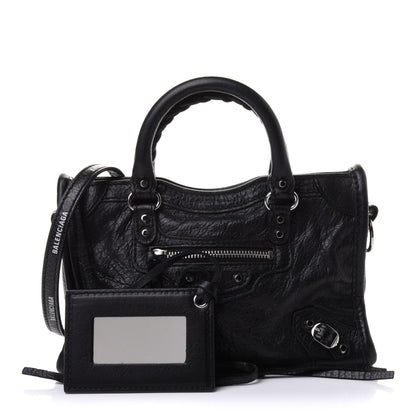 Balenciaga Agneau Classic Silver Hardware Nano City Logo Strap Black White 1 of 9