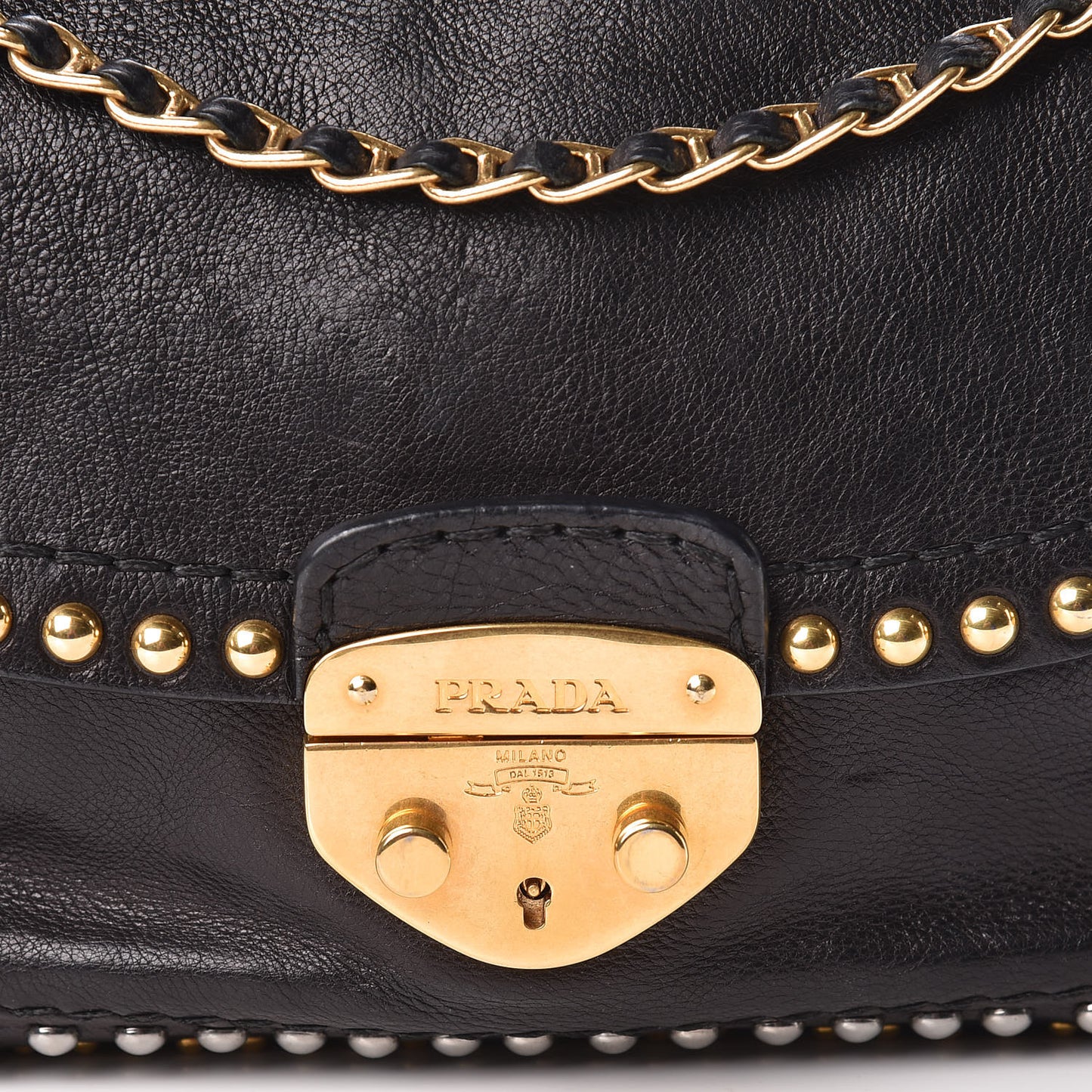 Glace Calf Studded Pushlock Chain Shoulder Bag Black