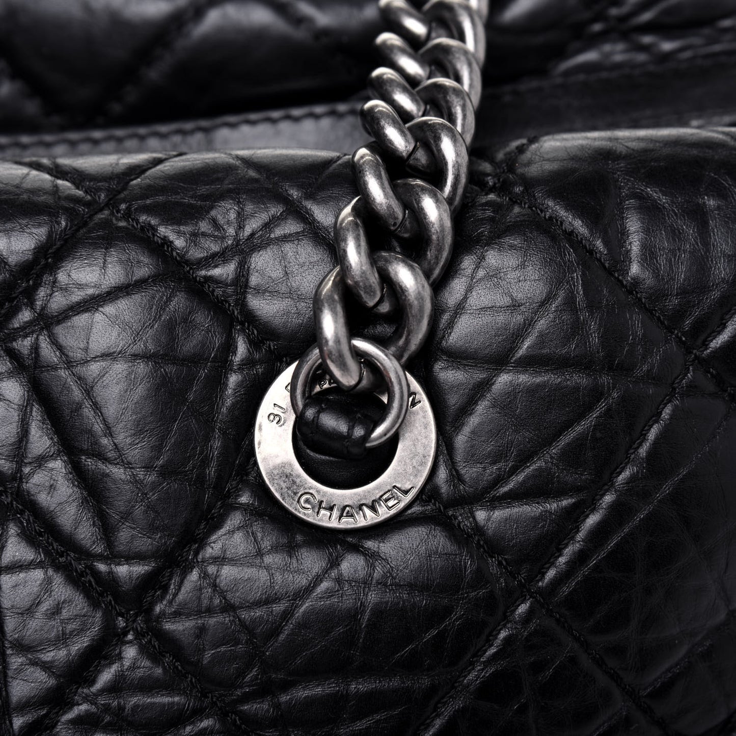 Aged Calfskin Quilted Large Secret Tag Bowling Bag Black