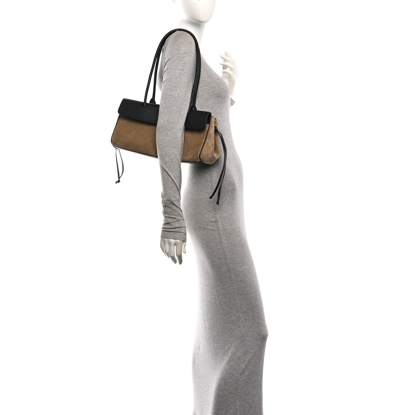 Grained Calfskin Suede Urban Essentials Small Shopping Bag Dark Beige Black