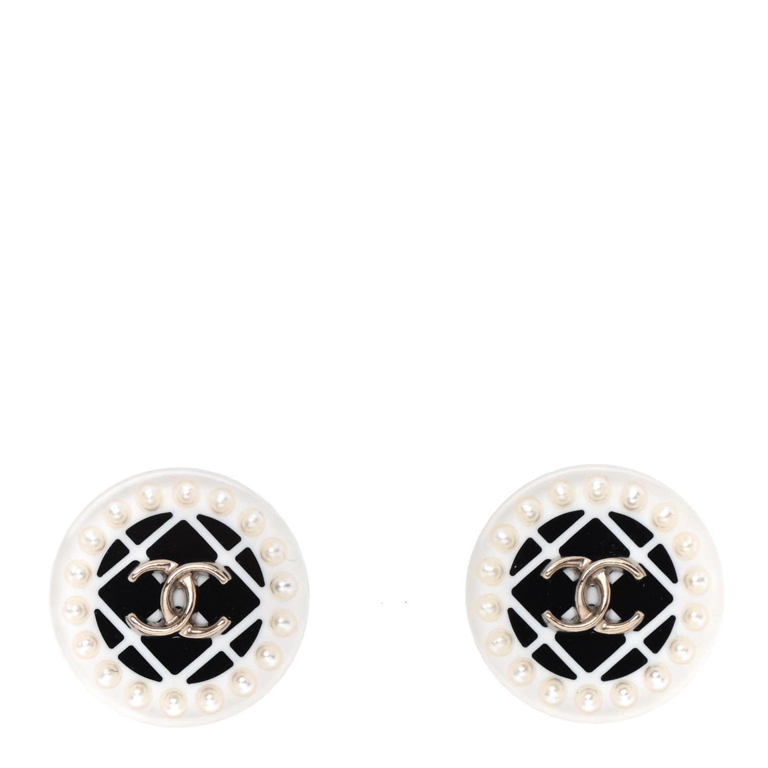 Chanel Resin Pearl Round CC Earrings White Black Gold 1 of 4