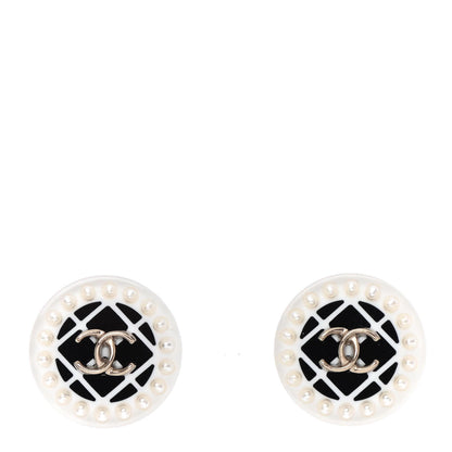 Chanel Resin Pearl Round CC Earrings White Black Gold 1 of 4