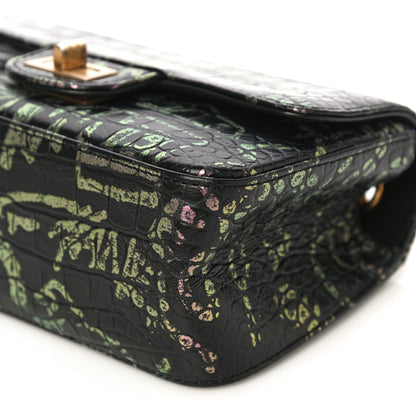 Chanel Calfskin Crocodile Embossed Graffiti 2.55 Mini Cocodile Reissue Flap Black Pink 11 of 20