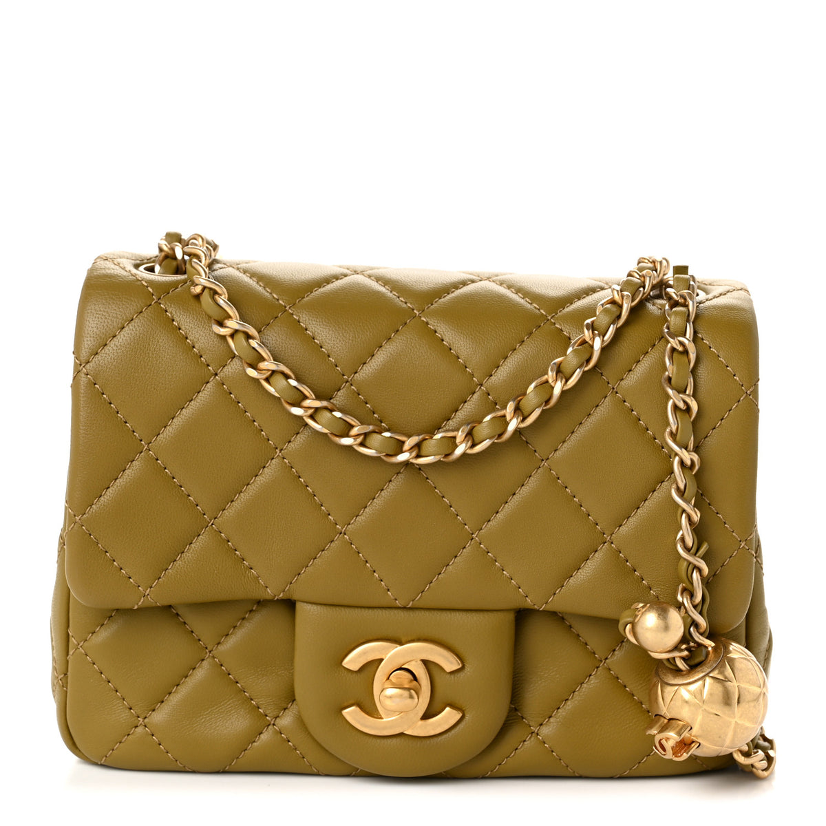 Lambskin Quilted Mini Pearl Crush Flap Green