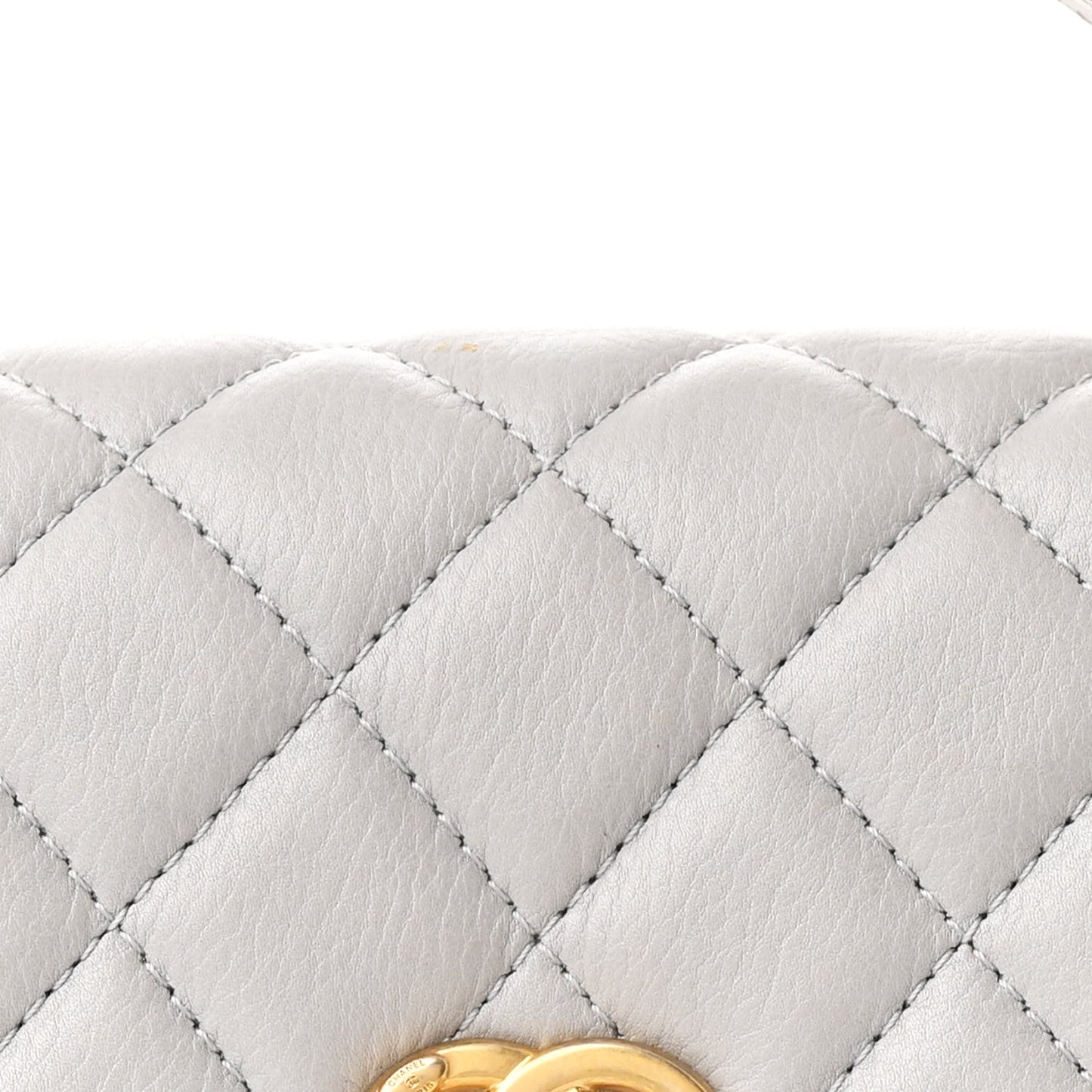 Calfskin Quilted Top Handle Flap Light Grey