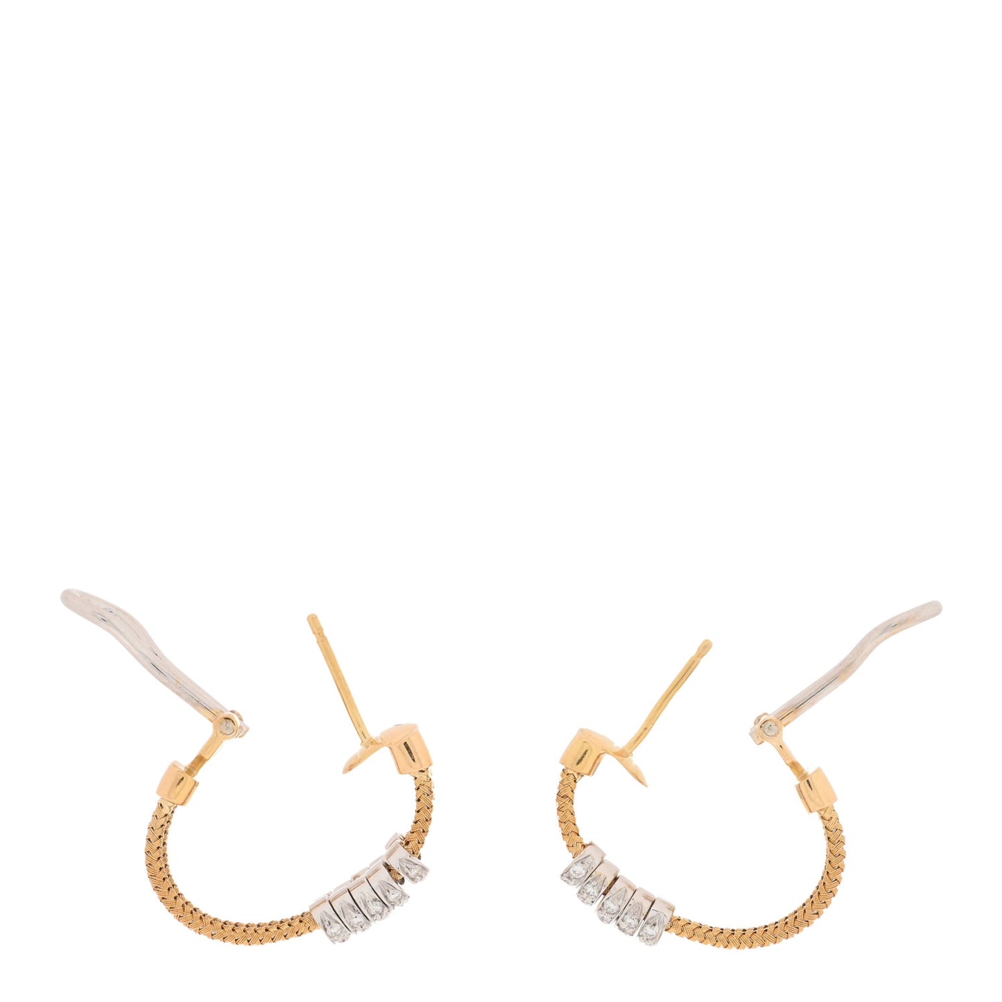 18K Yellow White Gold Diamond Silk Mesh Hoop Earrings