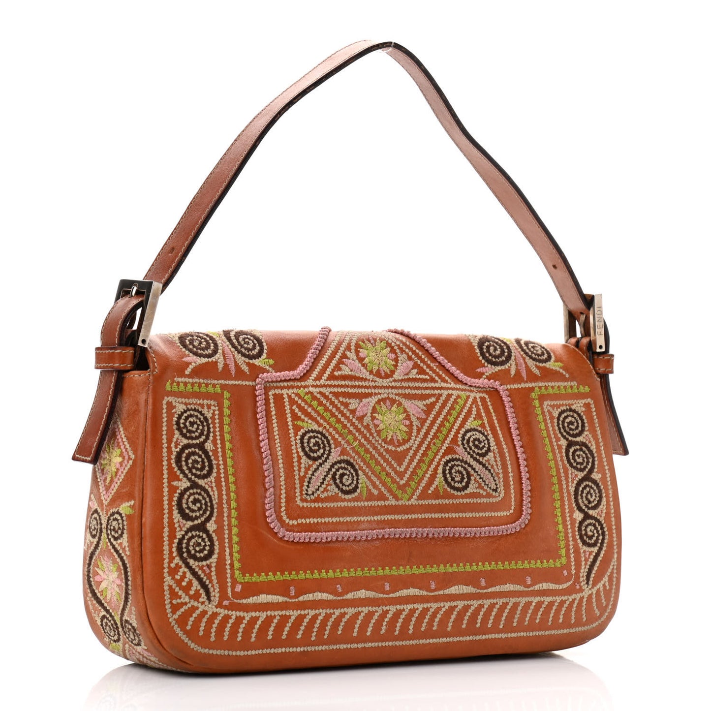 Calfskin Embroidered Baguette Brown